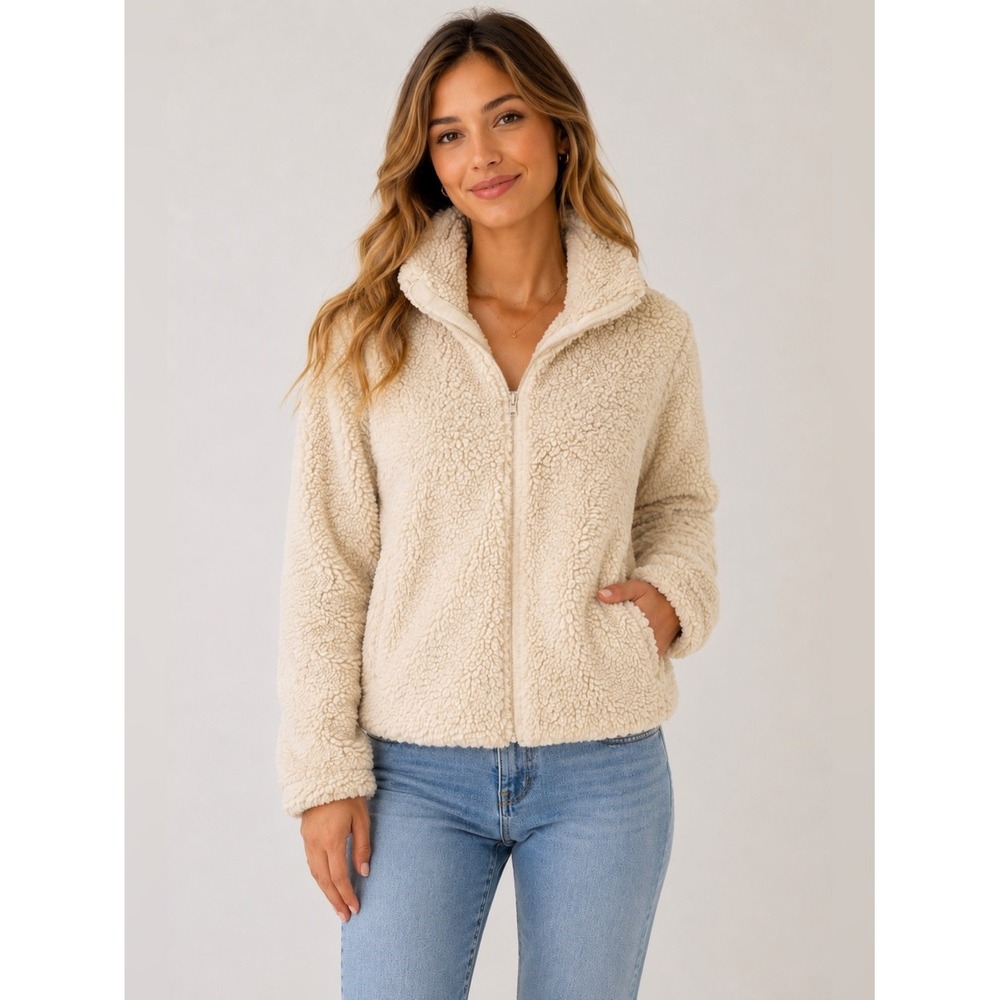 PacSun Sherpa Fleece Jacket Womens XS/S Cream Full Zip Mock Neck Faux Shearling
